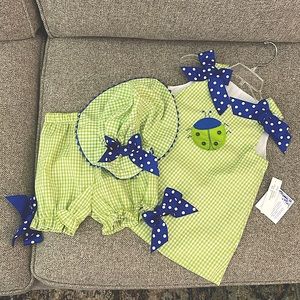 Lime green, white, navy blue three-piece set ladybug dress. New.The Bailey Boys